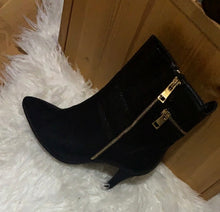 Load image into Gallery viewer, Black Faux Leather with Gold Zipper Booties
