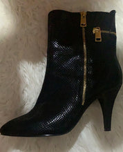 Load image into Gallery viewer, Black Faux Leather with Gold Zipper Booties
